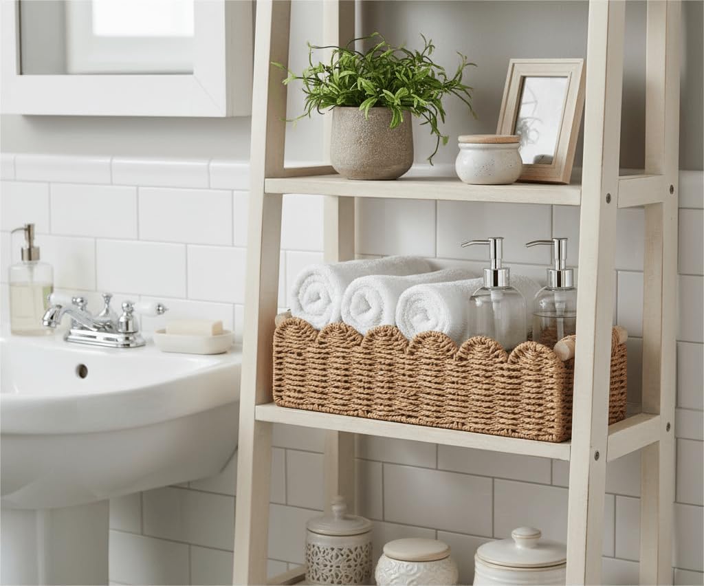 CubesLand Paper Rope Scalloped Edge Toilet Paper Storage Basket. Small Living Room. Bedroom Decor Baskets for Over Toilet Storage Shelf. End Table. Shelves and More. with 2 Wooden Handle. Neutral - Image 3