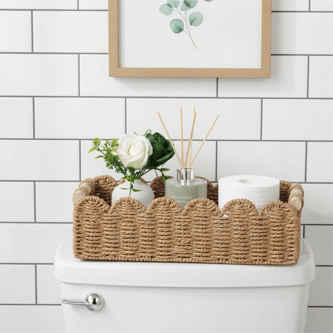 CubesLand Paper Rope Scalloped Edge Toilet Paper Storage Basket. Small Living Room. Bedroom Decor Baskets for Over Toilet Storage Shelf. End Table. Shelves and More. with 2 Wooden Handle. Neutral - Image 2
