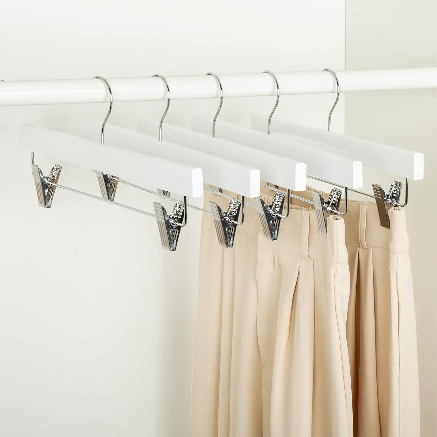 Amazon Basics Durable Wooden Pants and Skirt Hangers with Clips. Closet Organizer. White. 10-Pack - Image 4