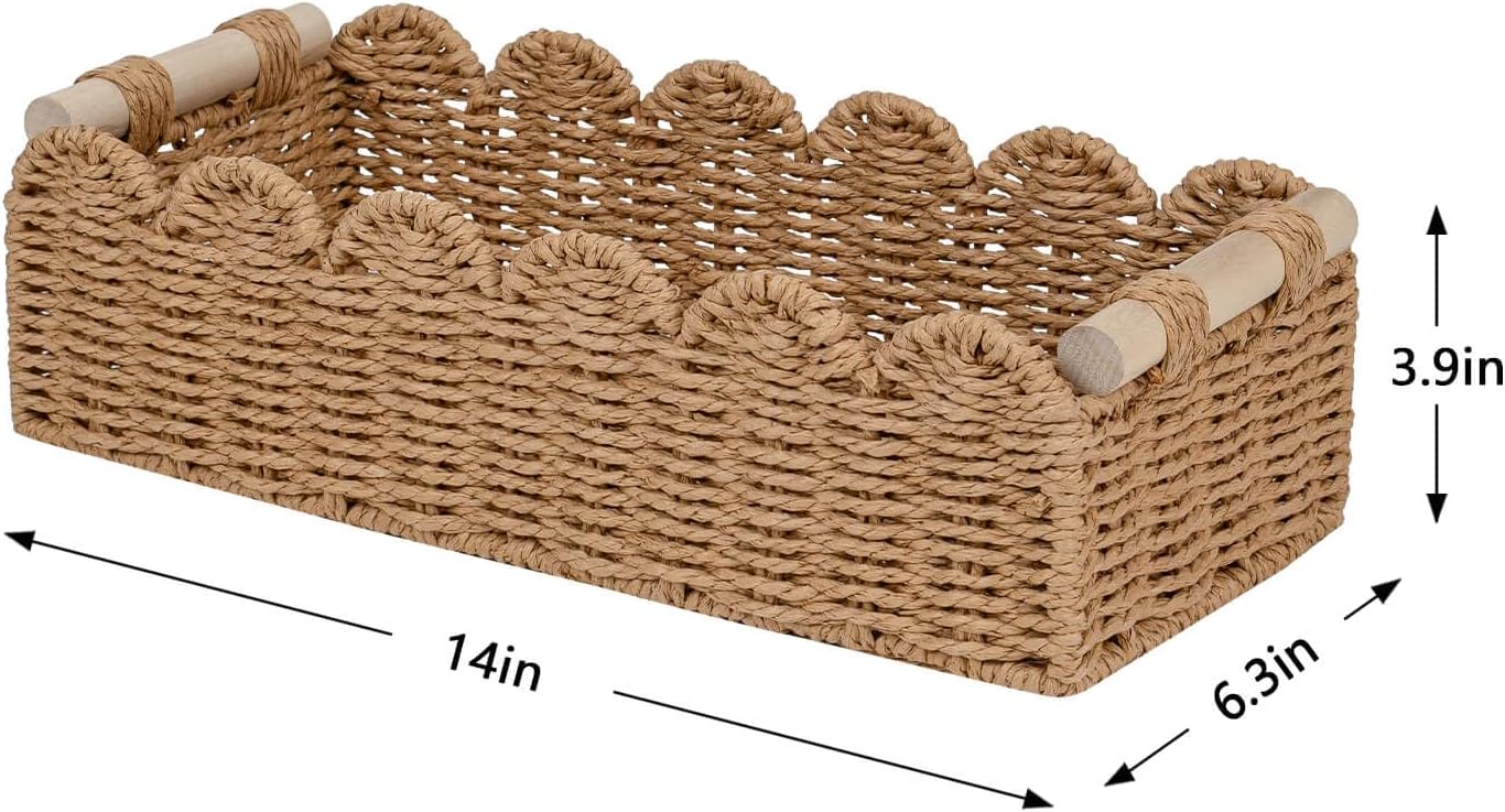 CubesLand Paper Rope Scalloped Edge Toilet Paper Storage Basket. Small Living Room. Bedroom Decor Baskets for Over Toilet Storage Shelf. End Table. Shelves and More. with 2 Wooden Handle. Neutral - Image 4