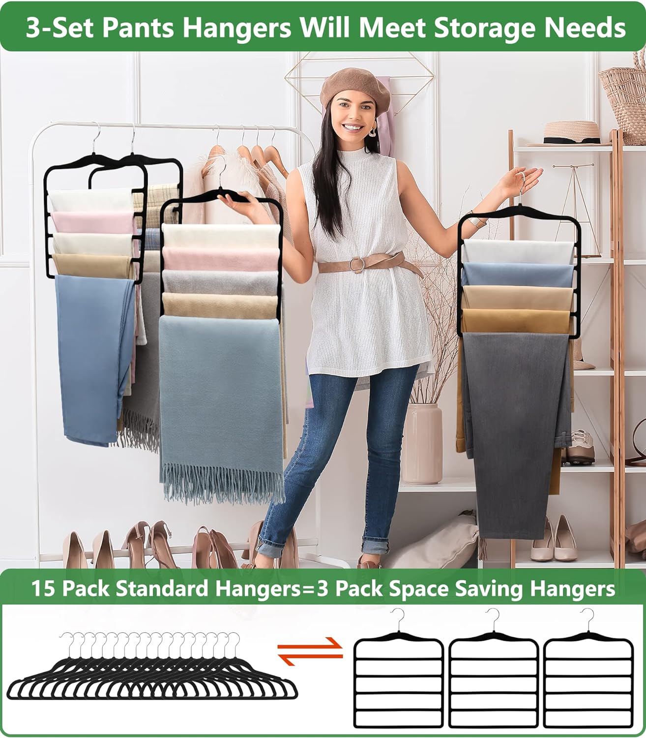 Closet Organizers and Storage.3 Pack Organization and Storage Pants-Hangers-Space-Saving.Velvet Hanger for Dorm Room for College Students Girls Boys Guys Hanging Jean Scarf - Image 3
