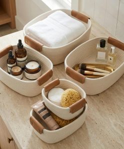 Beautiful Storage Basket Set of 5 - Sturdy Cotton Rope Baskets for Shelves Are Perfect for Organizing Your Home - Quality Storage Bins Easily Fit With Any Nursery or Bedroom Decor